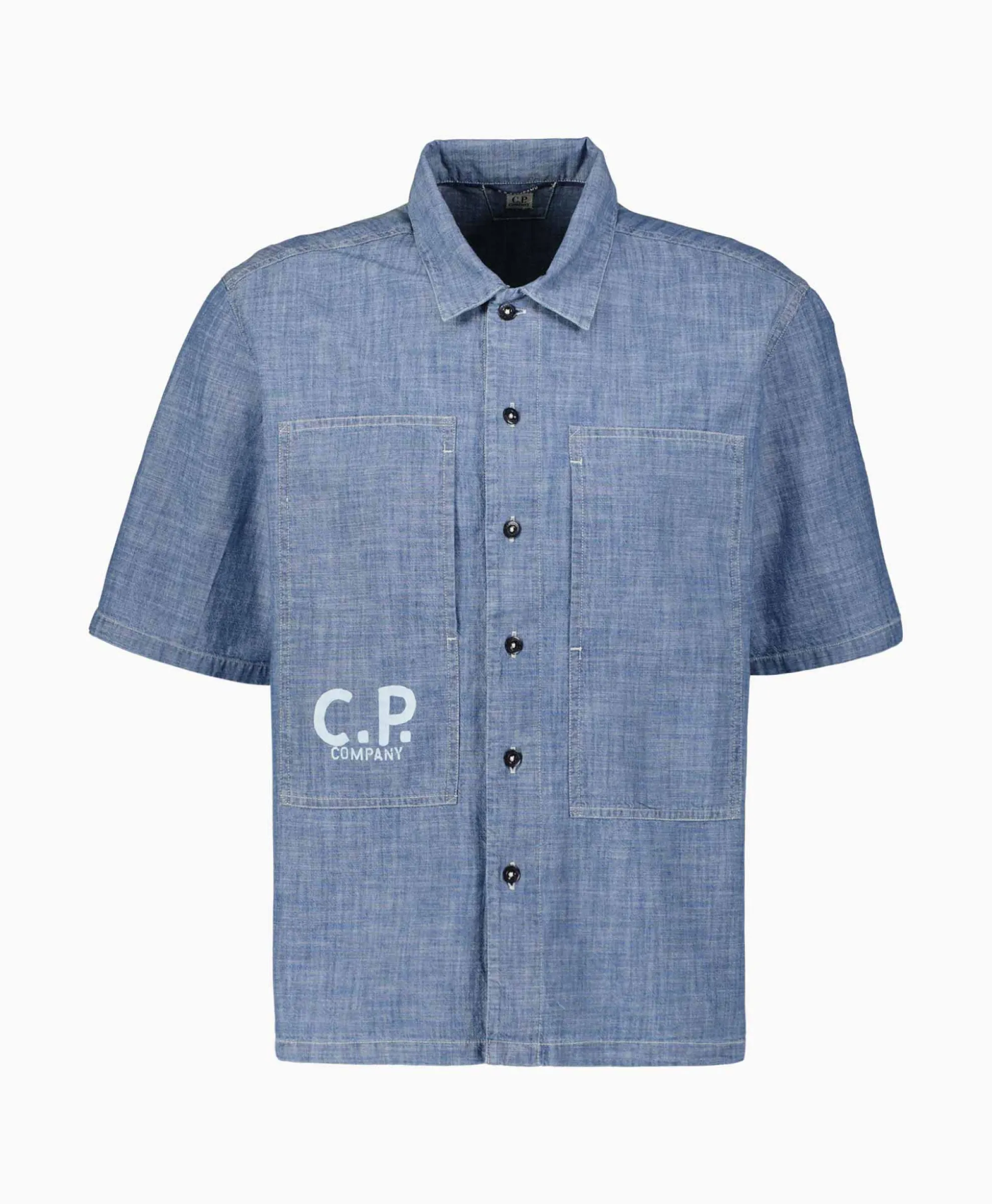 Cp Company T-Shirt Chambray Short Sleeved Logo Blauw