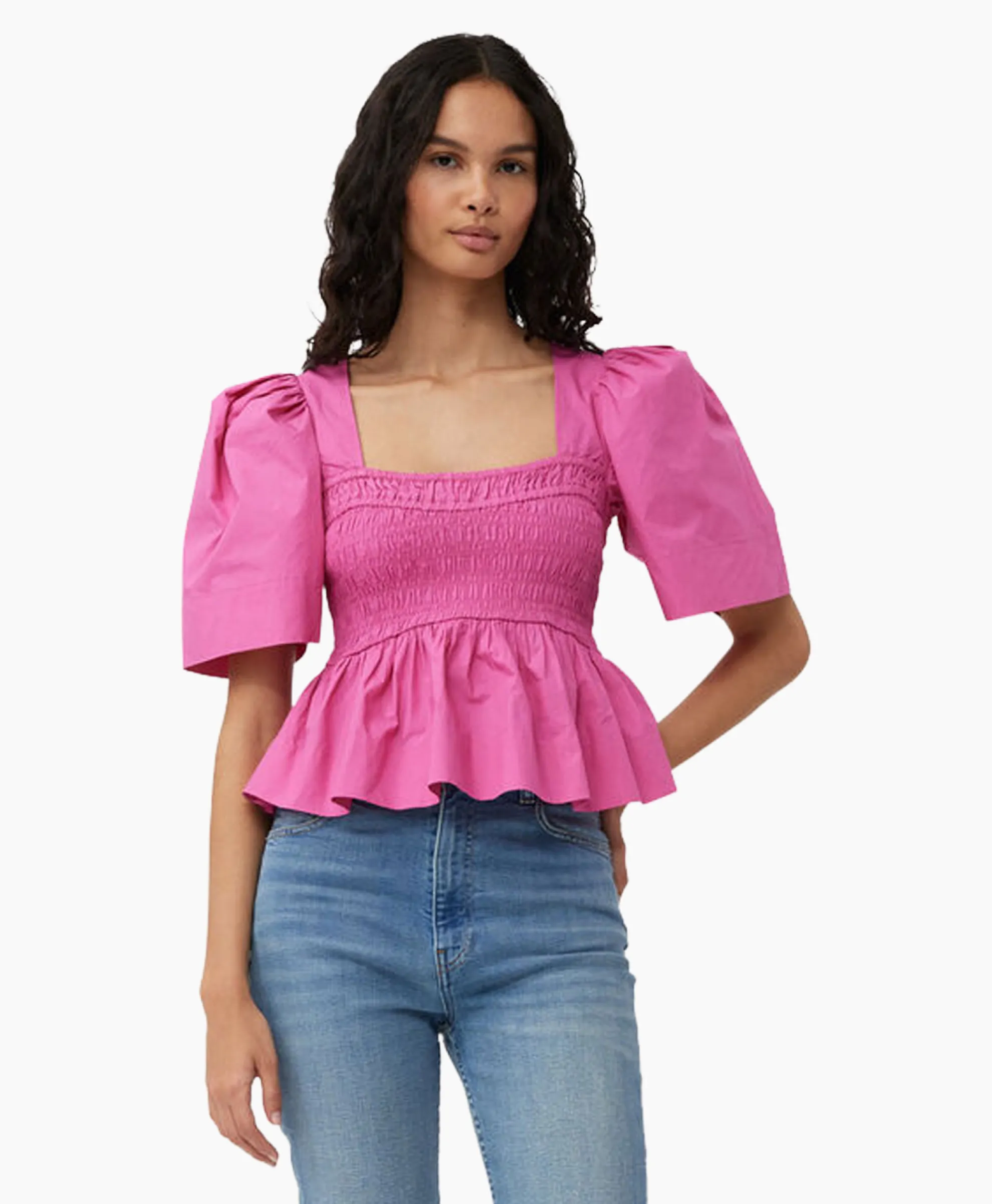 Ganni Blouse Cotton Poplin Open-Neck Smock Pink