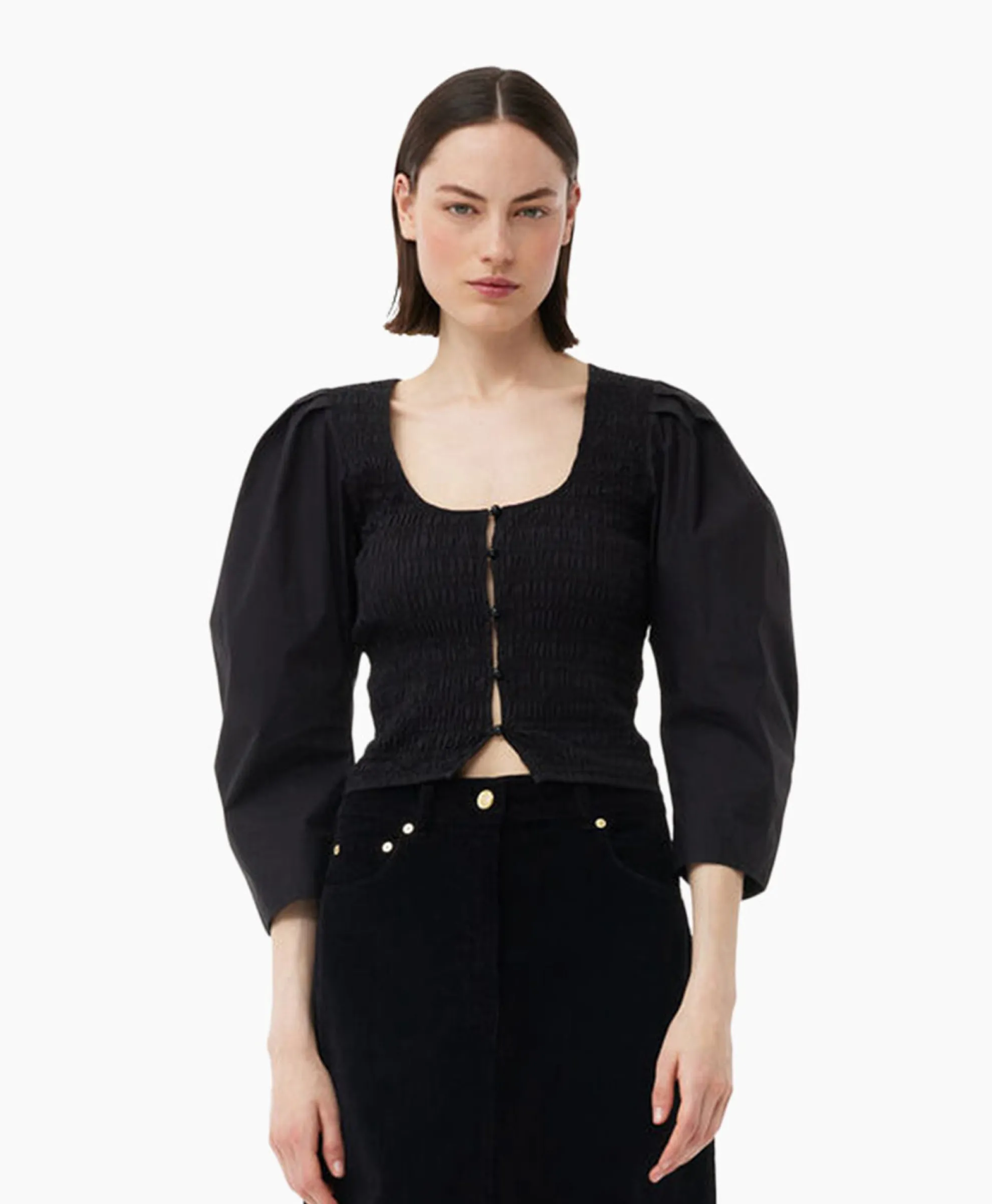 Ganni Blouse Cotton Poplin Smock Zwart