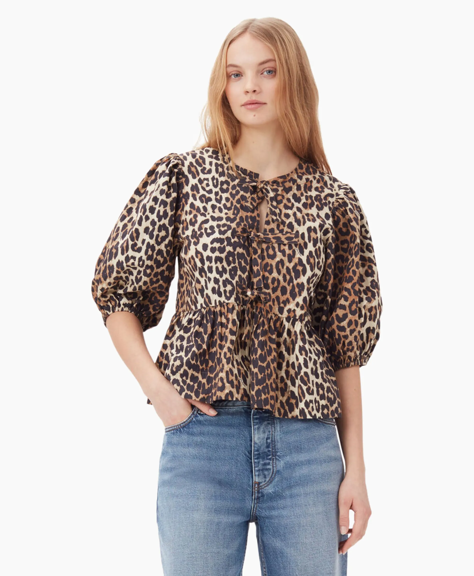 Ganni Blouse Printed Cotton Poplin Peplum Bruin
