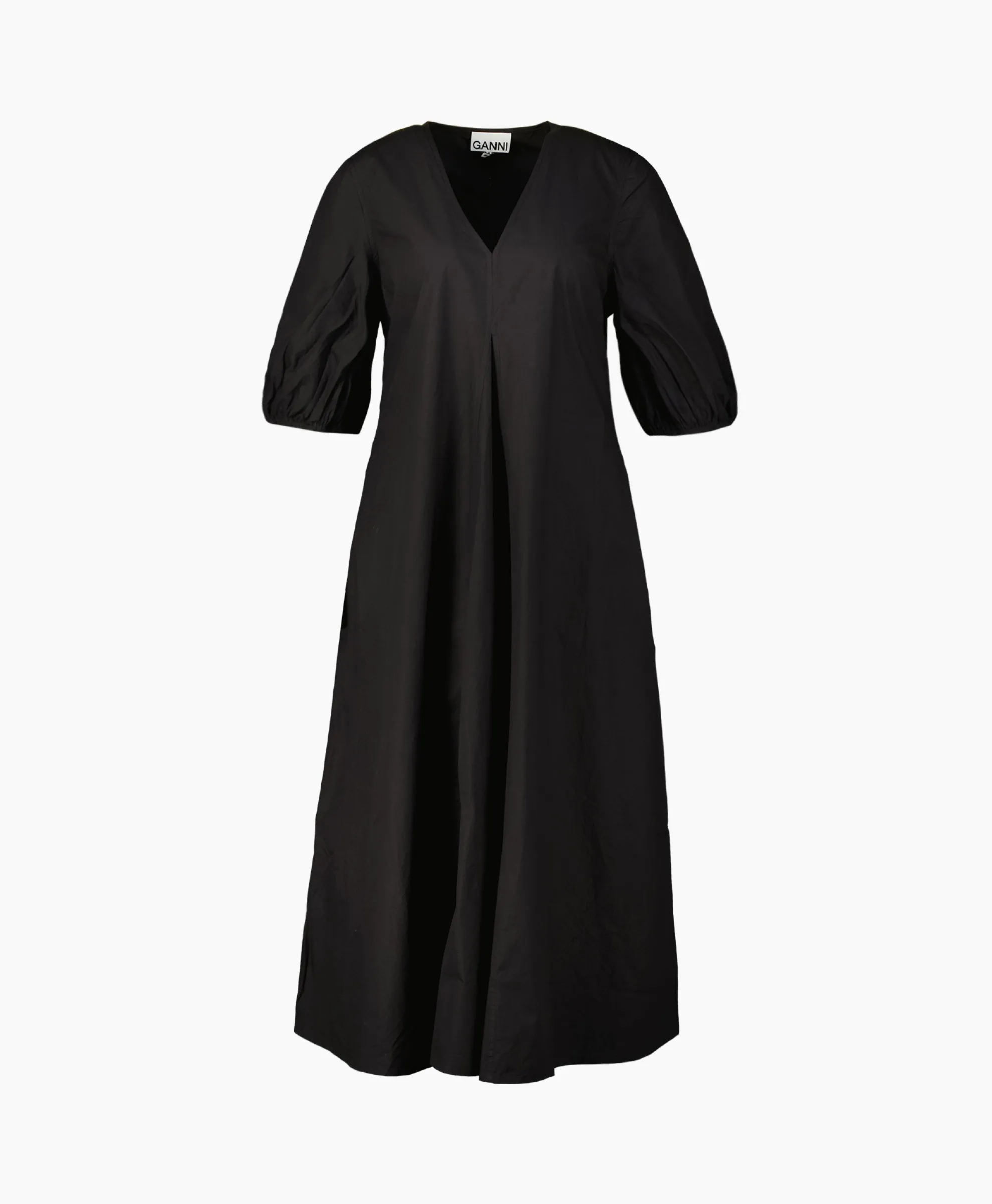 Ganni Maxi Jurk Cotton Poplin V-Neck Long Zwart