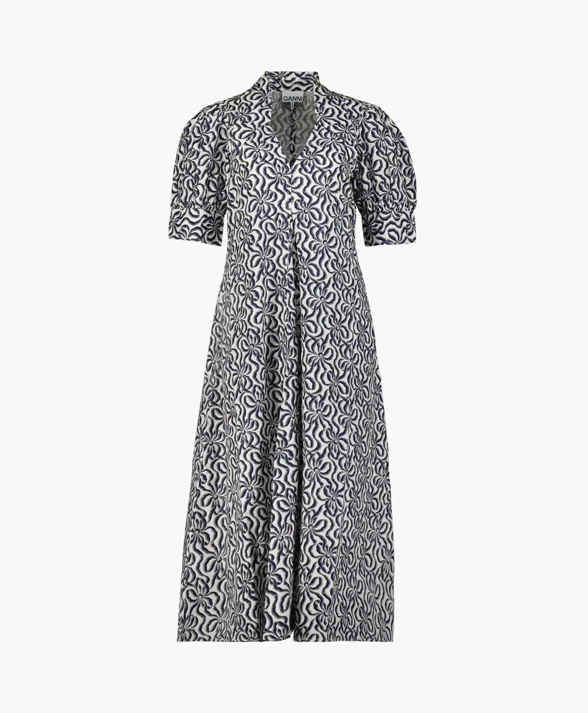Ganni Midi Jurk Printed Cotton V-Neck Long Ecru