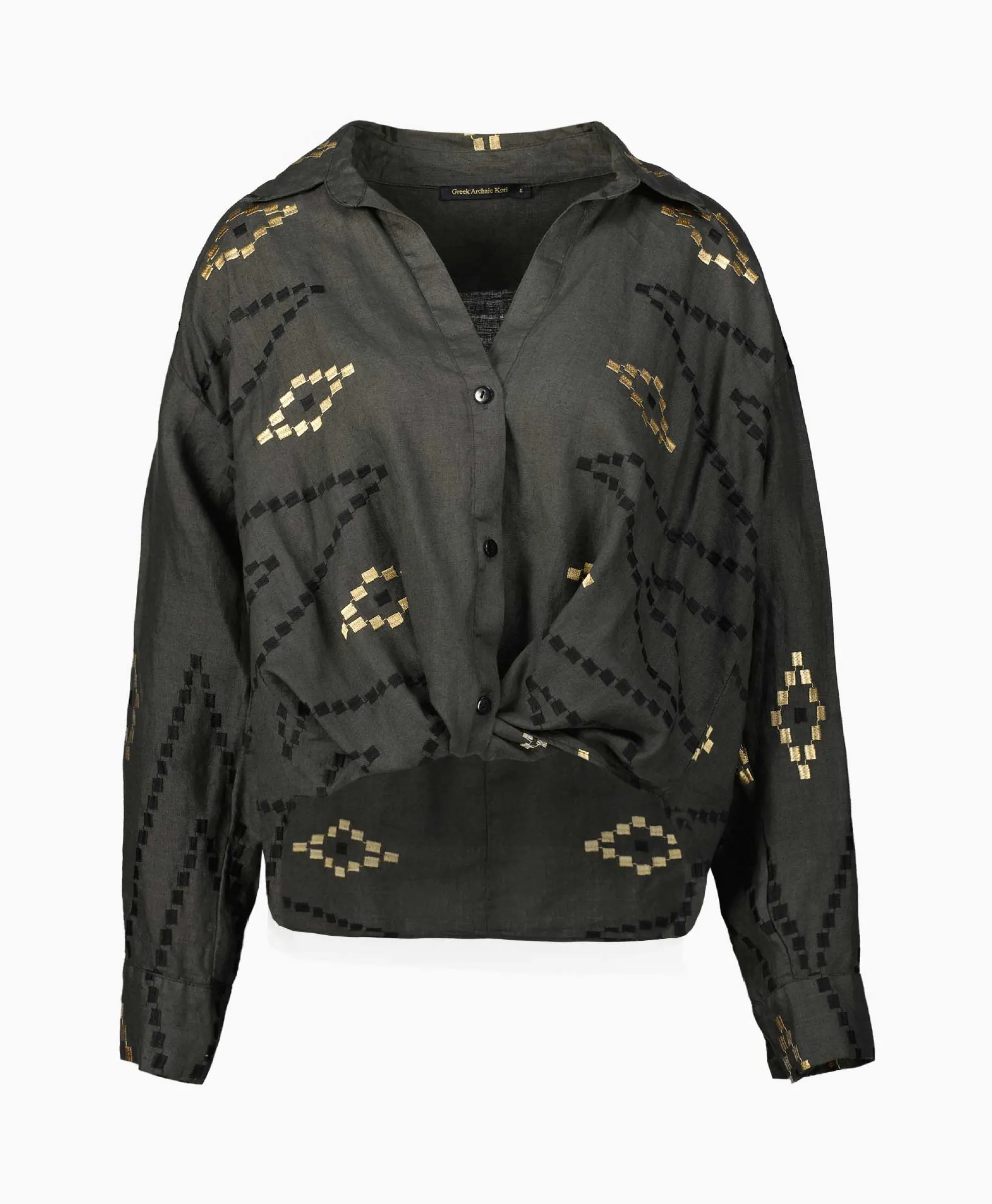 Greek Archaic Kori Blouse Wrap Zig Zag Khaki