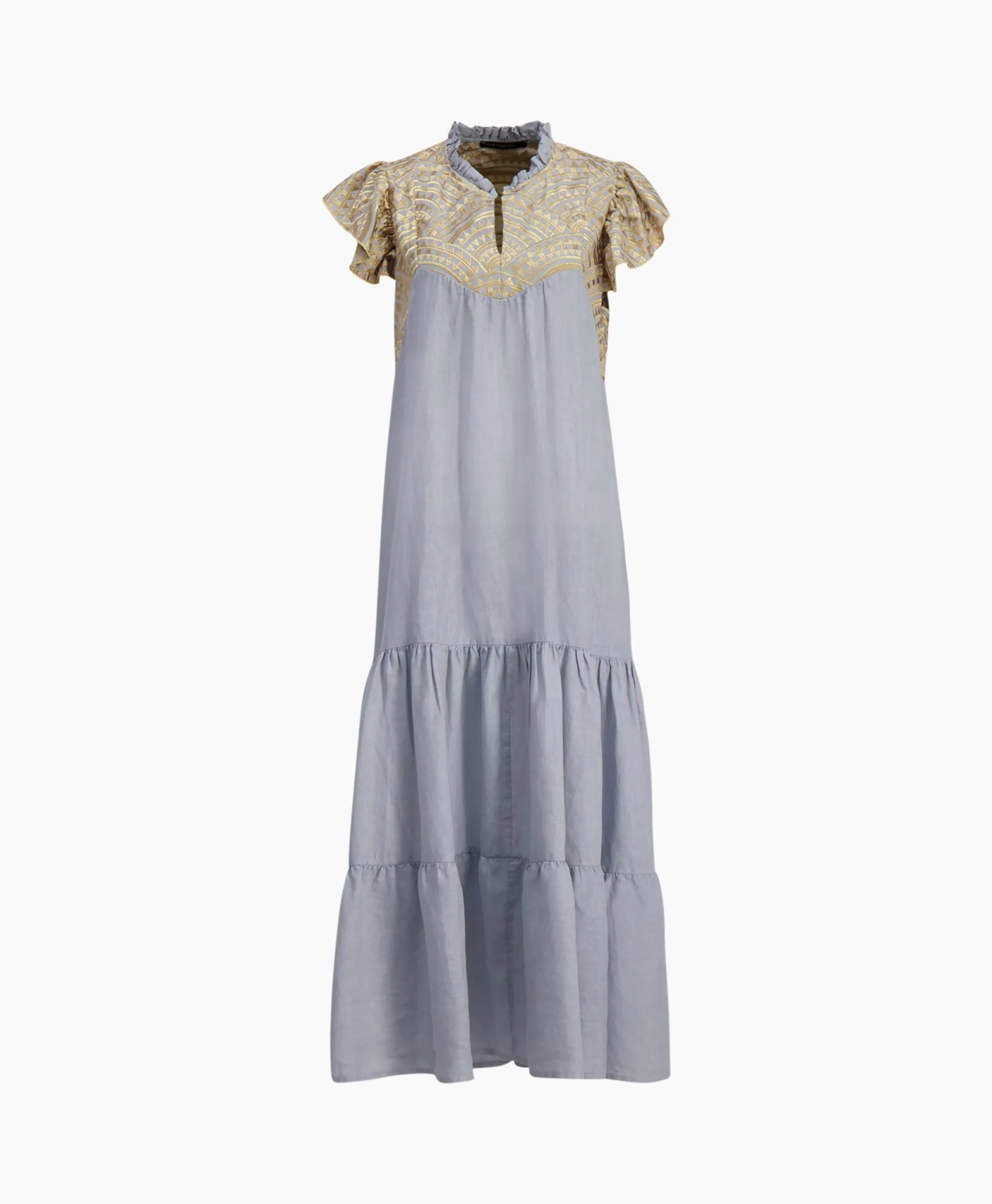 Greek Archaic Kori Maxi Jurk Long New All Over Sleeveless Ruffles Licht Grijs